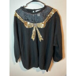 Vintage Venezia Vitale Women's 1x SilkAngora Blend Black Sweater Gold Sequin Bow